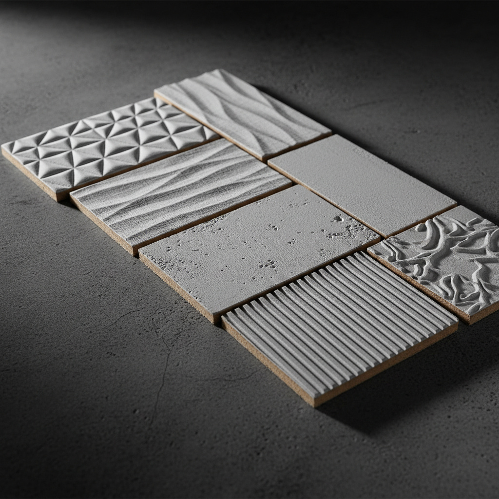 Six 3D wall panel samples arranged on dark charcoal surface with dramatic raking light