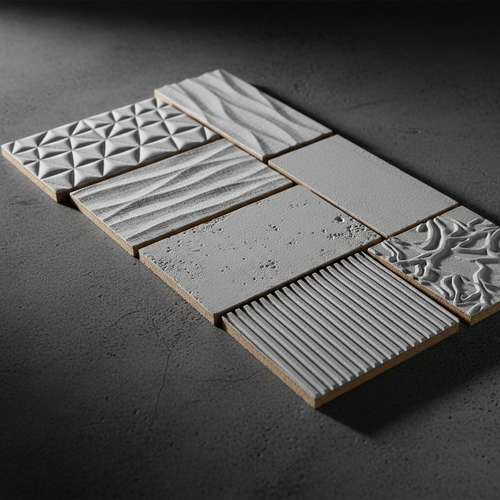 Six 3D wall panel samples arranged on dark charcoal surface with dramatic raking light