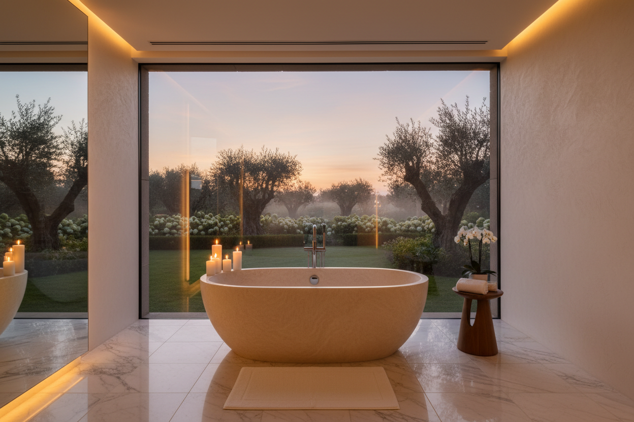 Hand-carved Roman travertine freestanding bathtub centered in master bathroom with garden view and evening golden light