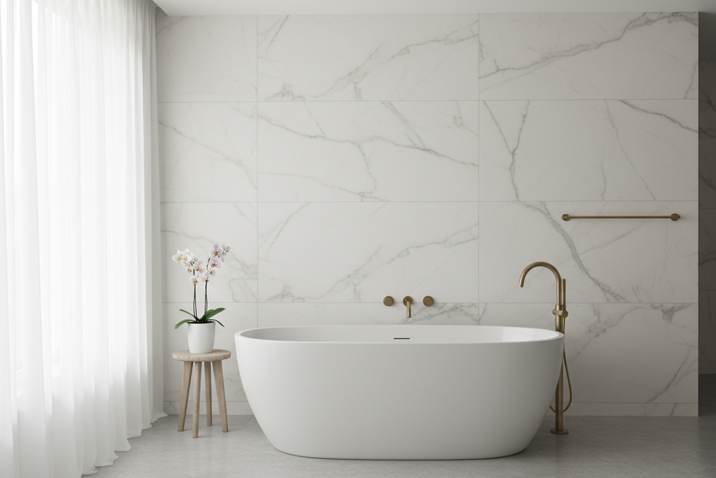 Luxury master bathroom feature wall clad in honed Carrara marble tiles with brushed gold fixtures and freestanding bathtub