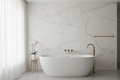 Luxury master bathroom feature wall clad in honed Carrara marble tiles with brushed gold fixtures and freestanding bathtub