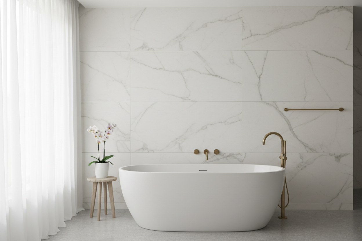 Luxury master bathroom feature wall clad in honed Carrara marble tiles with brushed gold fixtures and freestanding bathtub