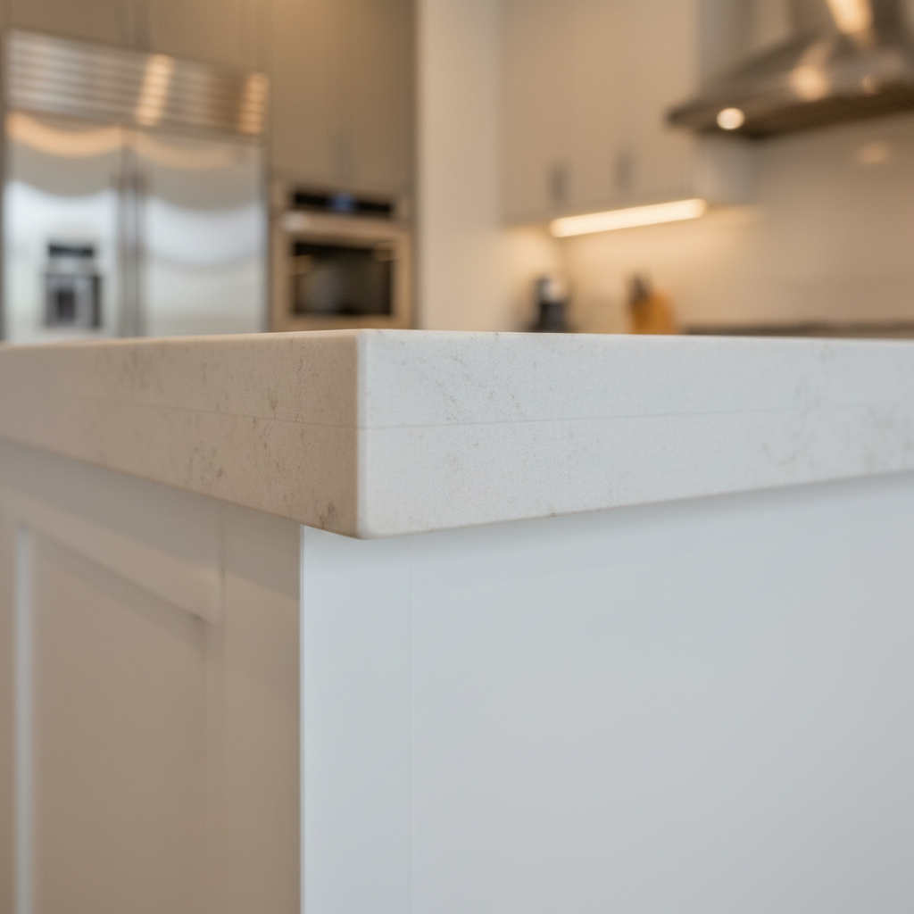 Close-up of kitchen island stone-to-lacquer junction showing quartzite overhang eased edge and lacquer base panel