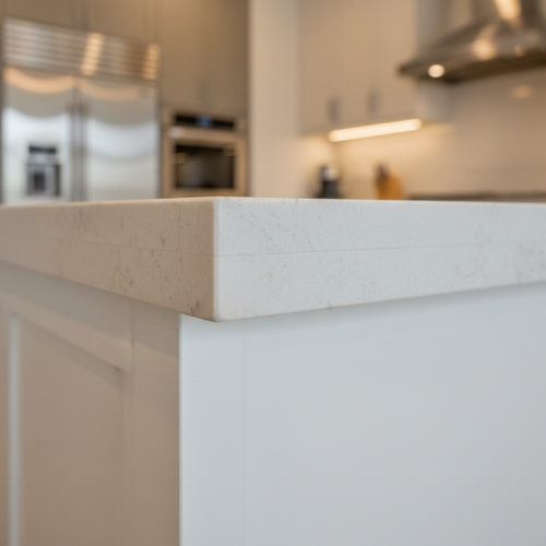 Close-up of kitchen island stone-to-lacquer junction showing quartzite overhang eased edge and lacquer base panel