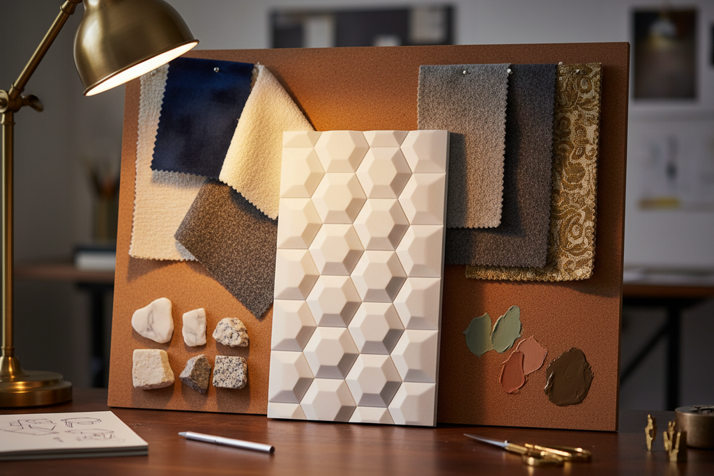 3D wall panel swatch propped against luxury interior design mood board with fabric swatches and stone chips