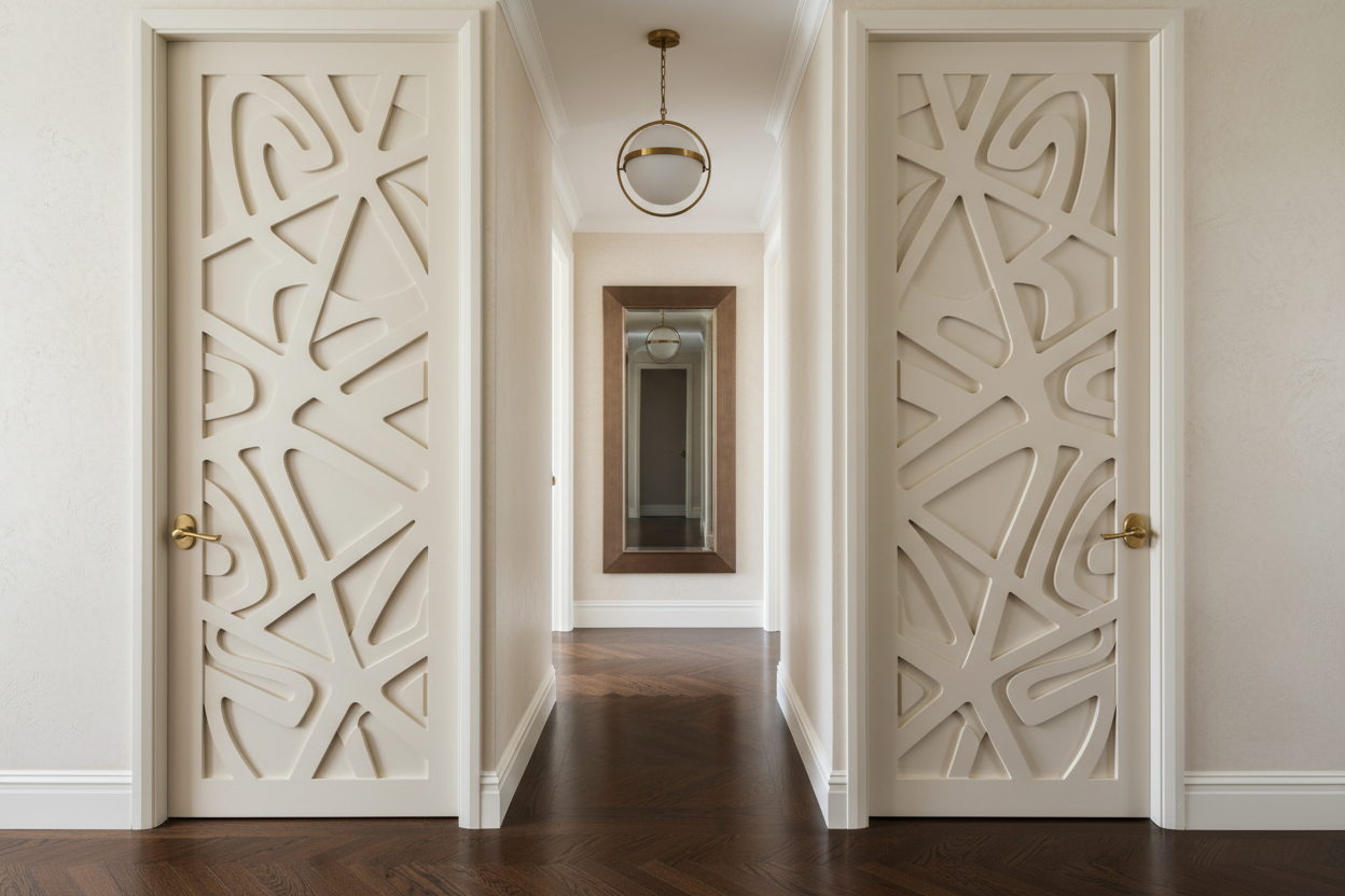 Luxury residential hallway with custom millwork door panels in off-white with brushed brass lever hardware
