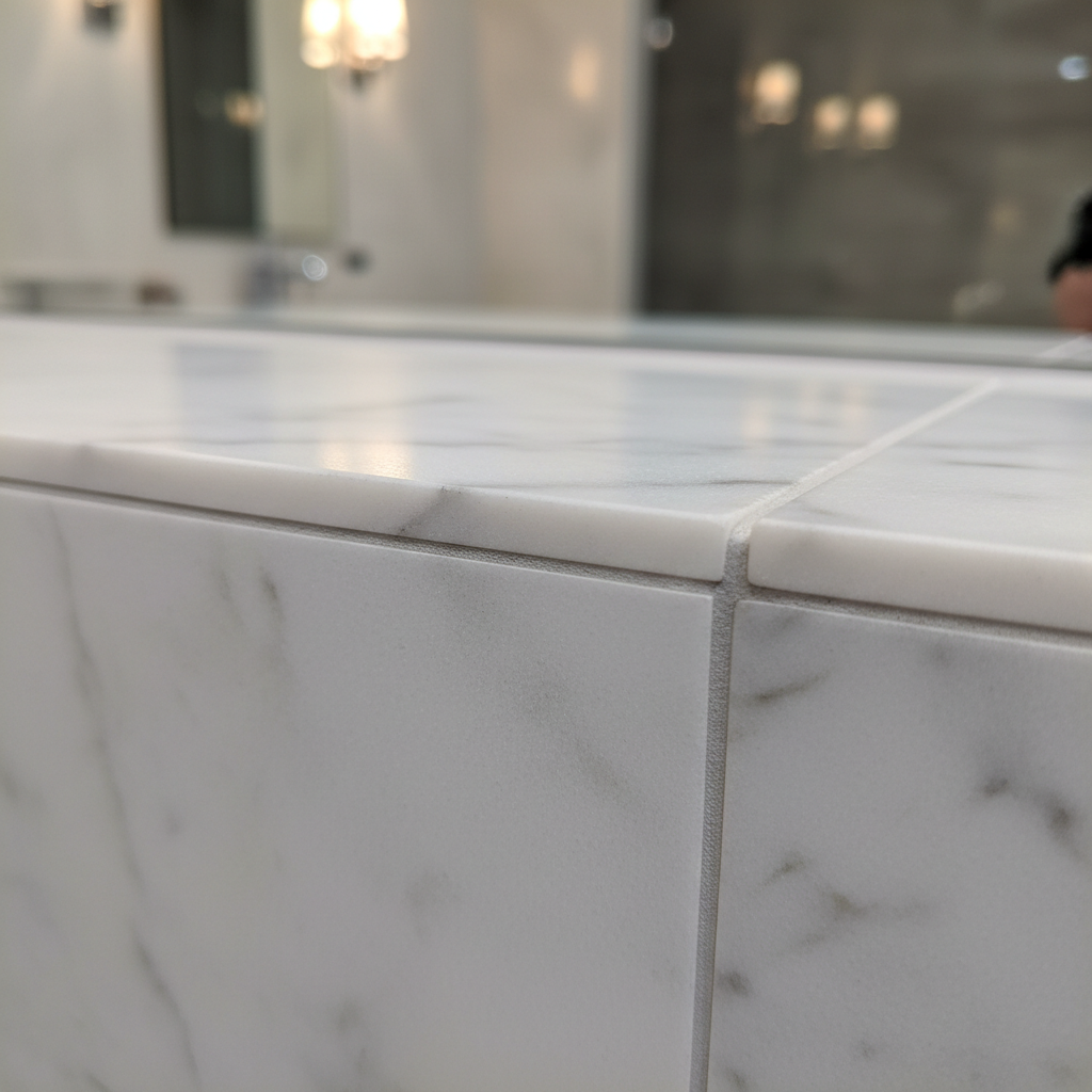 Single honed Carrara marble tile edge-on showing 3/8 inch thickness and hairline grout joint