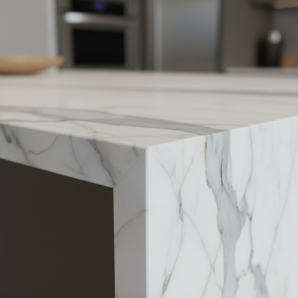 Close-up of stone countertop eased edge profile showing 1.25 inch thickness and honed marble veining