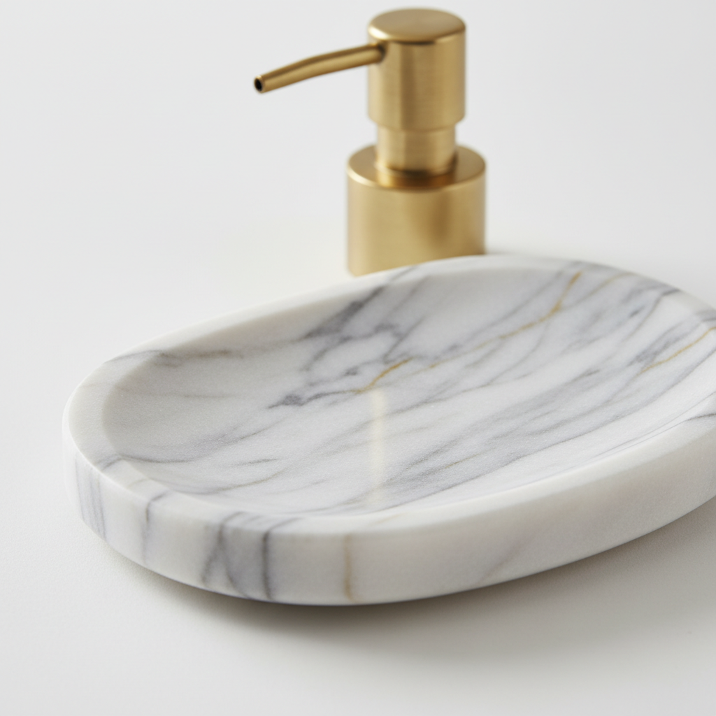 Close-up of honed marble soap dish showing natural veining and eased edge with brushed brass dispenser behind