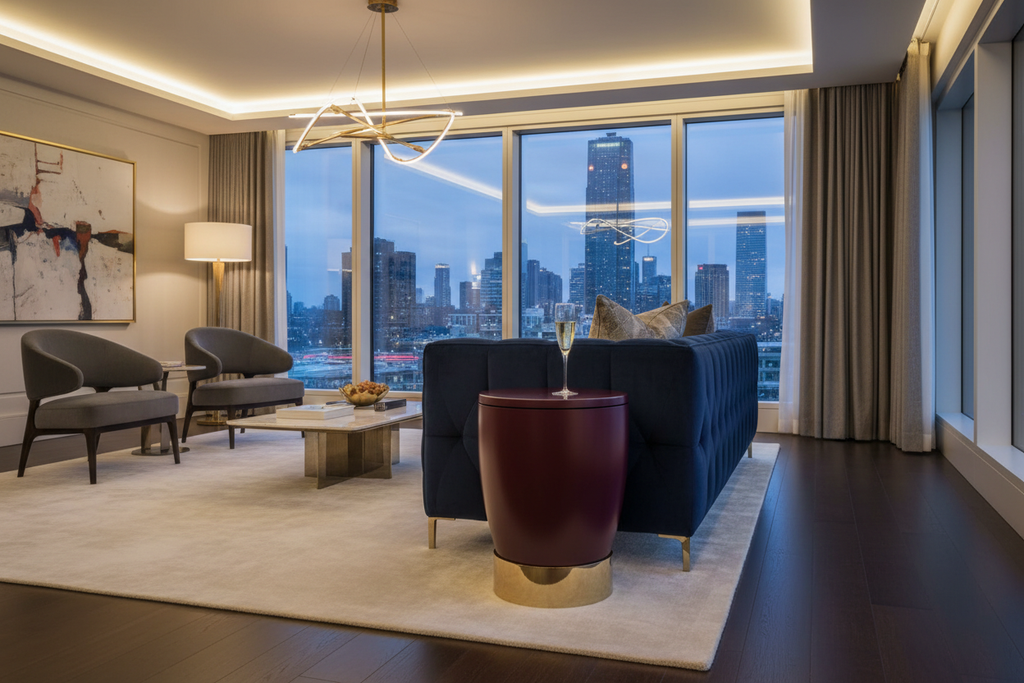Deep matte burgundy lacquered drum side table with polished brass base beside velvet sofa in luxury living room
