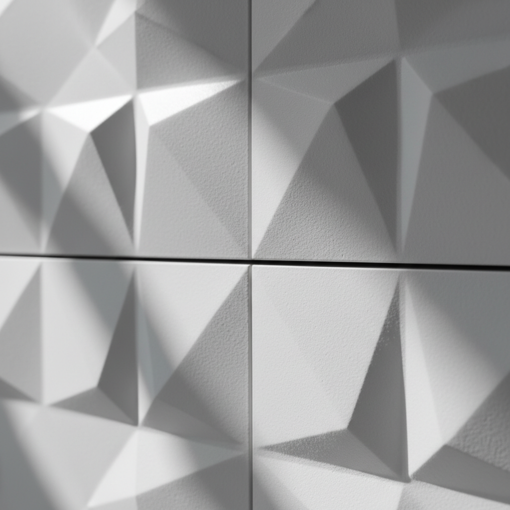 Close-up of two installed 3D wall panels at interlocking seam with geometric pattern flowing across joint