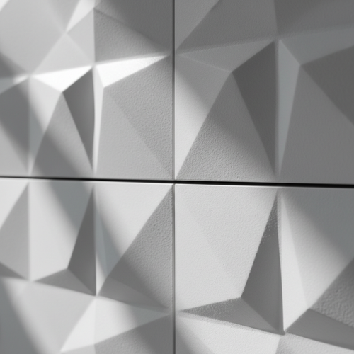 Close-up of two installed 3D wall panels at interlocking seam with geometric pattern flowing across joint