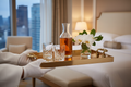 Champagne gold lacquered tray with brass handles in luxury hotel butler service scene