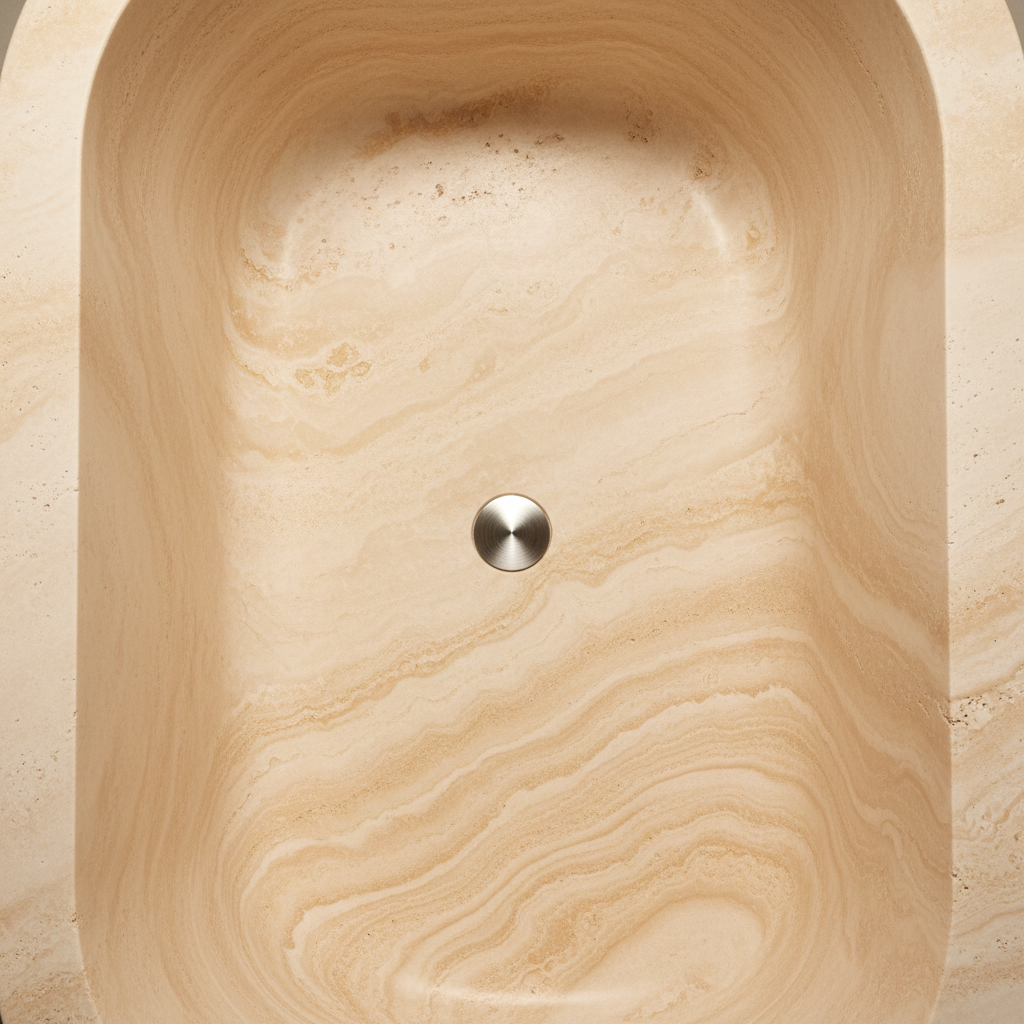 Honed travertine bathtub interior from above showing natural vein pattern and centered drain fitting