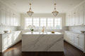 Wide luxury kitchen with honed Calacatta marble countertops, waterfall island edge and brushed gold fixtures