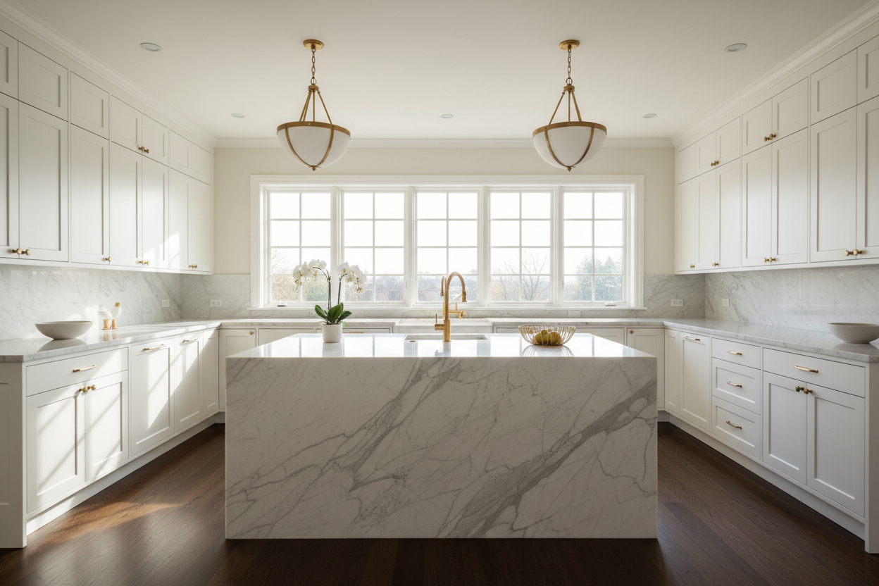 Wide luxury kitchen with honed Calacatta marble countertops, waterfall island edge and brushed gold fixtures