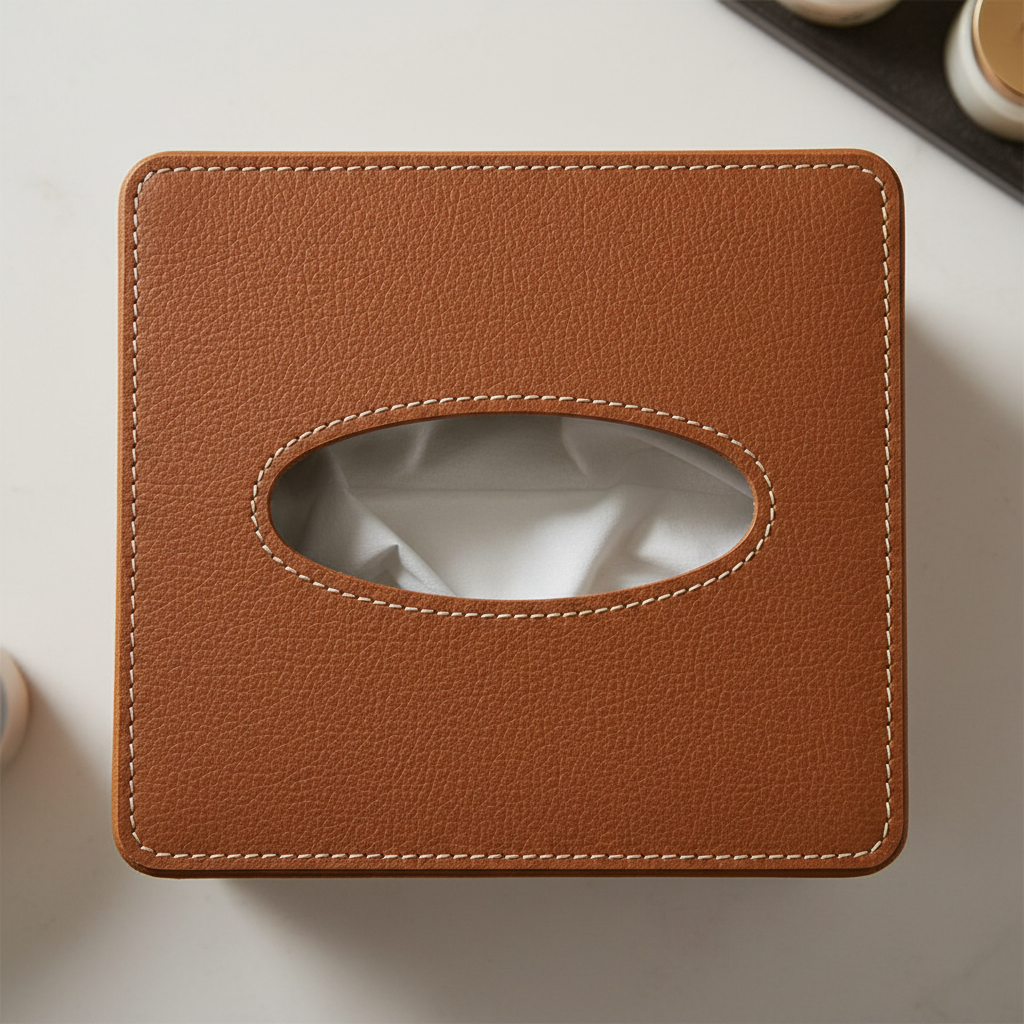 Close-up from above of leatherette tissue box cover showing precision-cut opening and stitching detail
