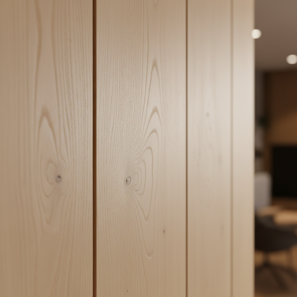 Close-up of three installed oak paneling strips showing clean tongue-and-groove joints and Rubio Monocoat grain
