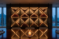 Wall-mounted wine cellar module in luxury penthouse dining room with amber LED lighting and 80+ bottles racked