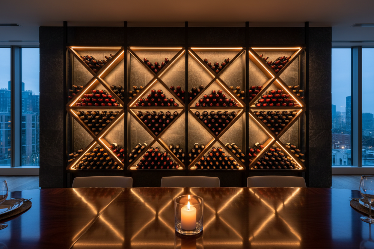 Wall-mounted wine cellar module in luxury penthouse dining room with amber LED lighting and 80+ bottles racked