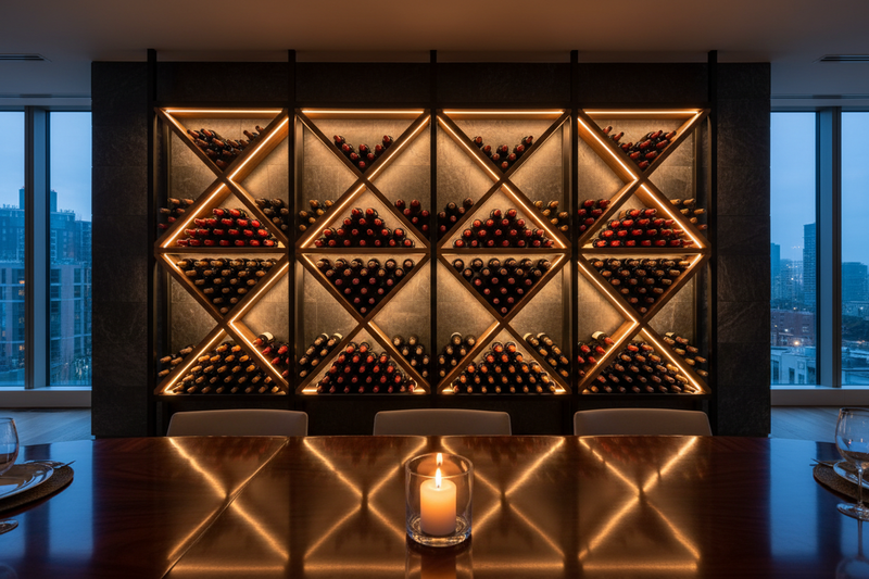 Wall-mounted wine cellar module in luxury penthouse dining room with amber LED lighting and 80+ bottles racked