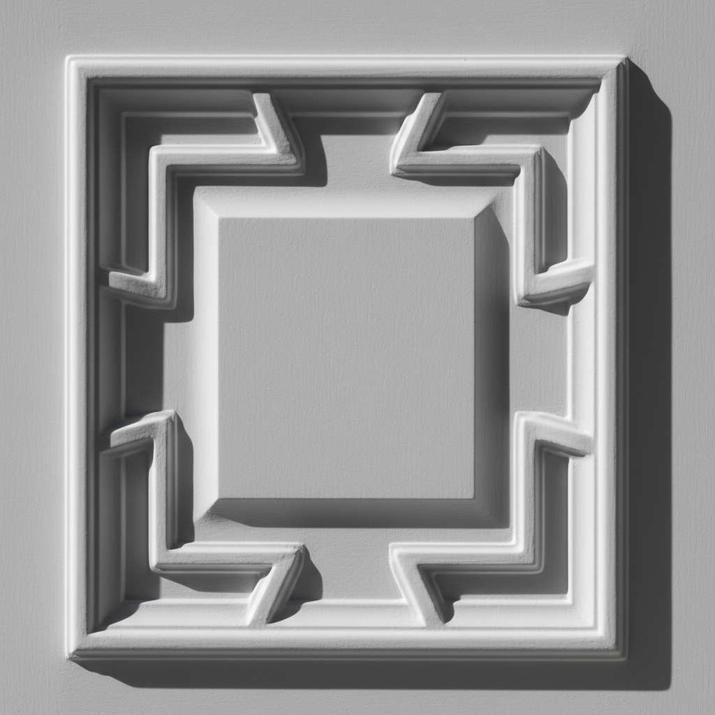 Close-up of millwork door panel face showing 3D relief profile with deep geometric shadow lines in raking light