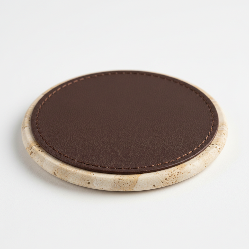 Single travertine coaster flipped showing genuine leather backing and eased stone edge profile