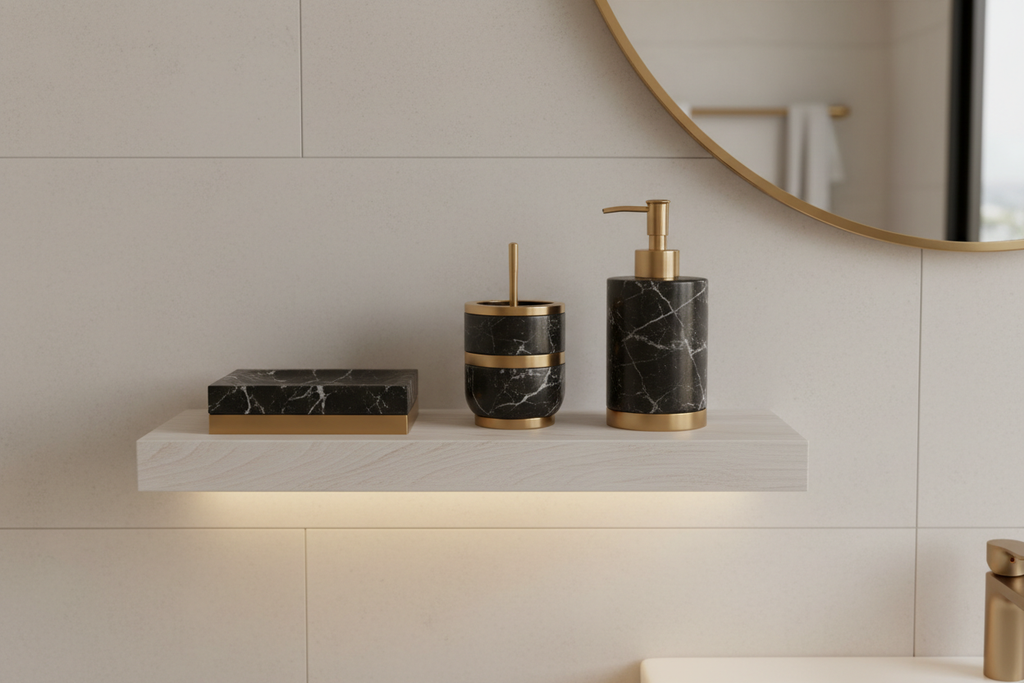 4-piece Nero Marquina marble bathroom accessory set on white oak shelf with brushed brass accents in warm vanity light