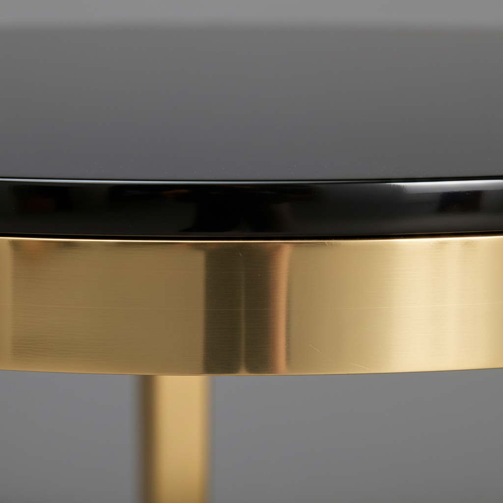 Close-up of polished brass base ring meeting lacquered drum table body with studio light reflecting in both surfaces