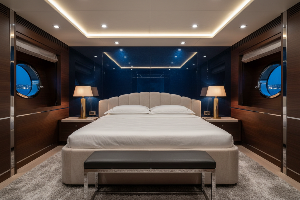 Superyacht master stateroom with midnight blue high-gloss lacquered headboard wall panel and bespoke upholstered bed