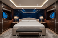 Superyacht master stateroom with midnight blue high-gloss lacquered headboard wall panel and bespoke upholstered bed