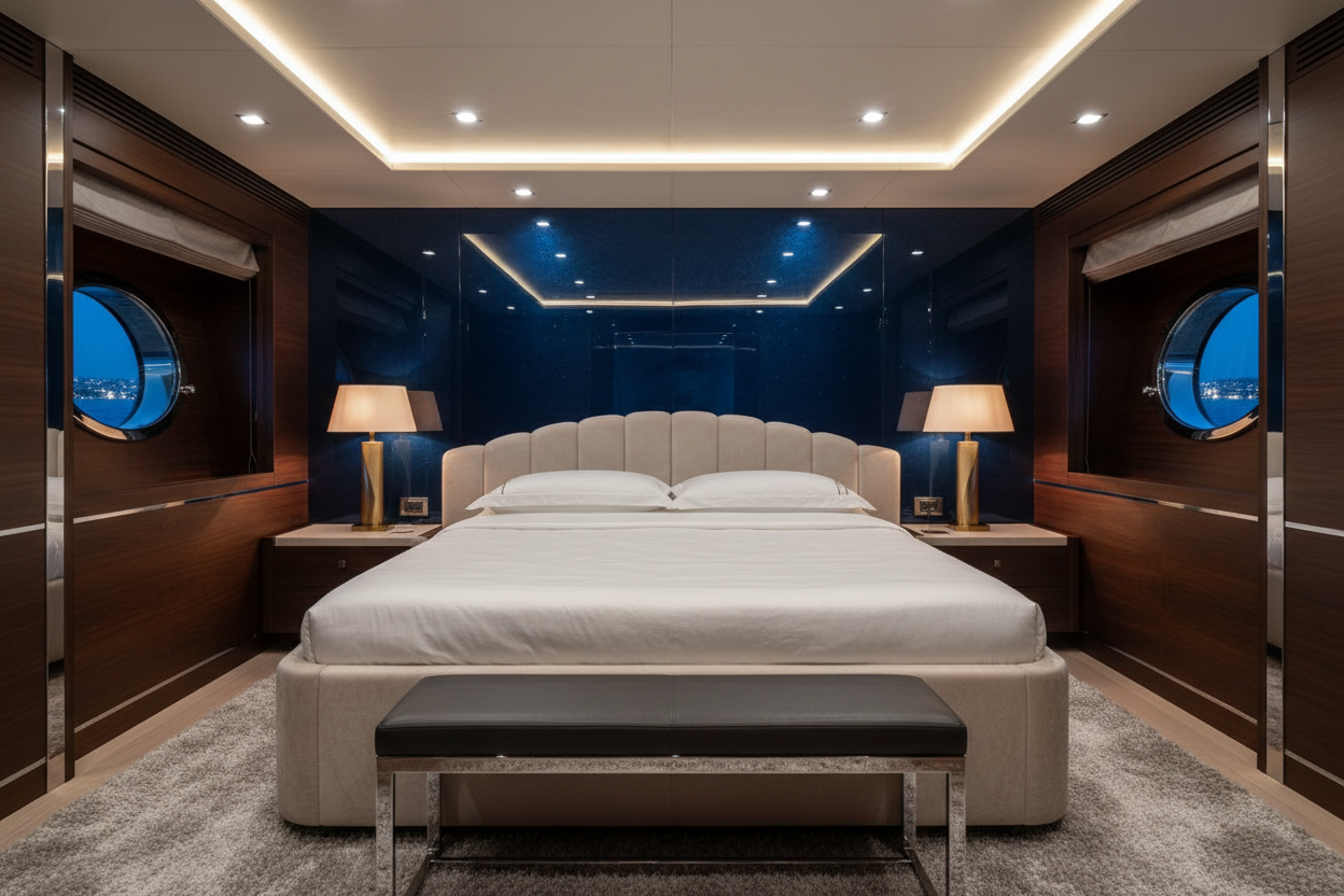 Superyacht master stateroom with midnight blue high-gloss lacquered headboard wall panel and bespoke upholstered bed