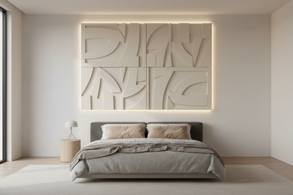 Modern minimalist bedroom feature wall with four 3D geometric relief panels in warm off-white with wall-wash lighting