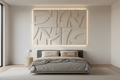 Modern minimalist bedroom feature wall with four 3D geometric relief panels in warm off-white with wall-wash lighting