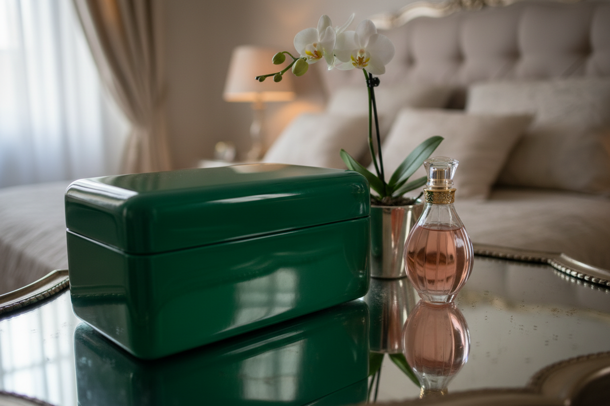 Emerald green lacquered decorative box on luxury vanity beside perfume bottle and orchid