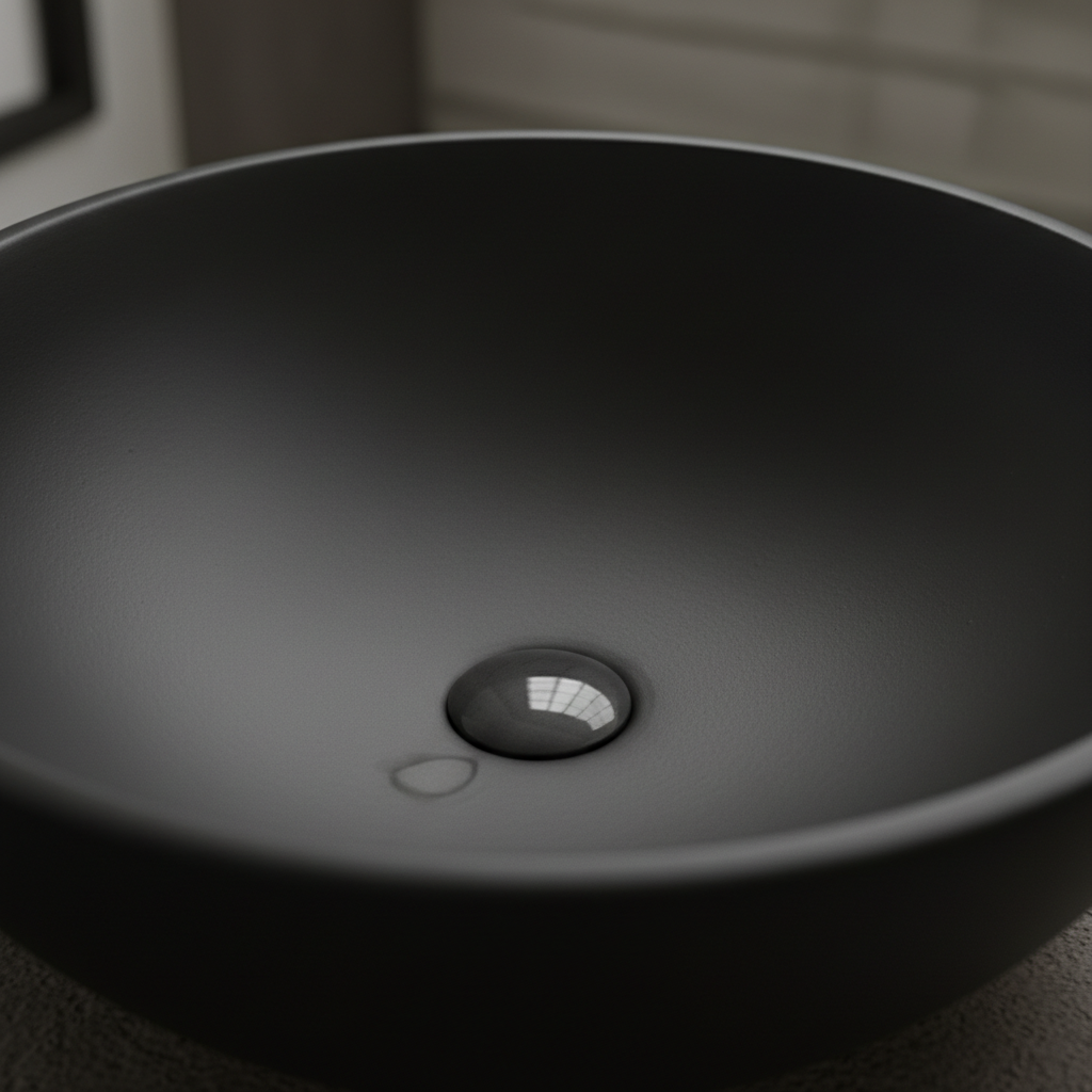 Close-up of honed black granite basin interior bowl with centered drain opening and water droplet on matte surface
