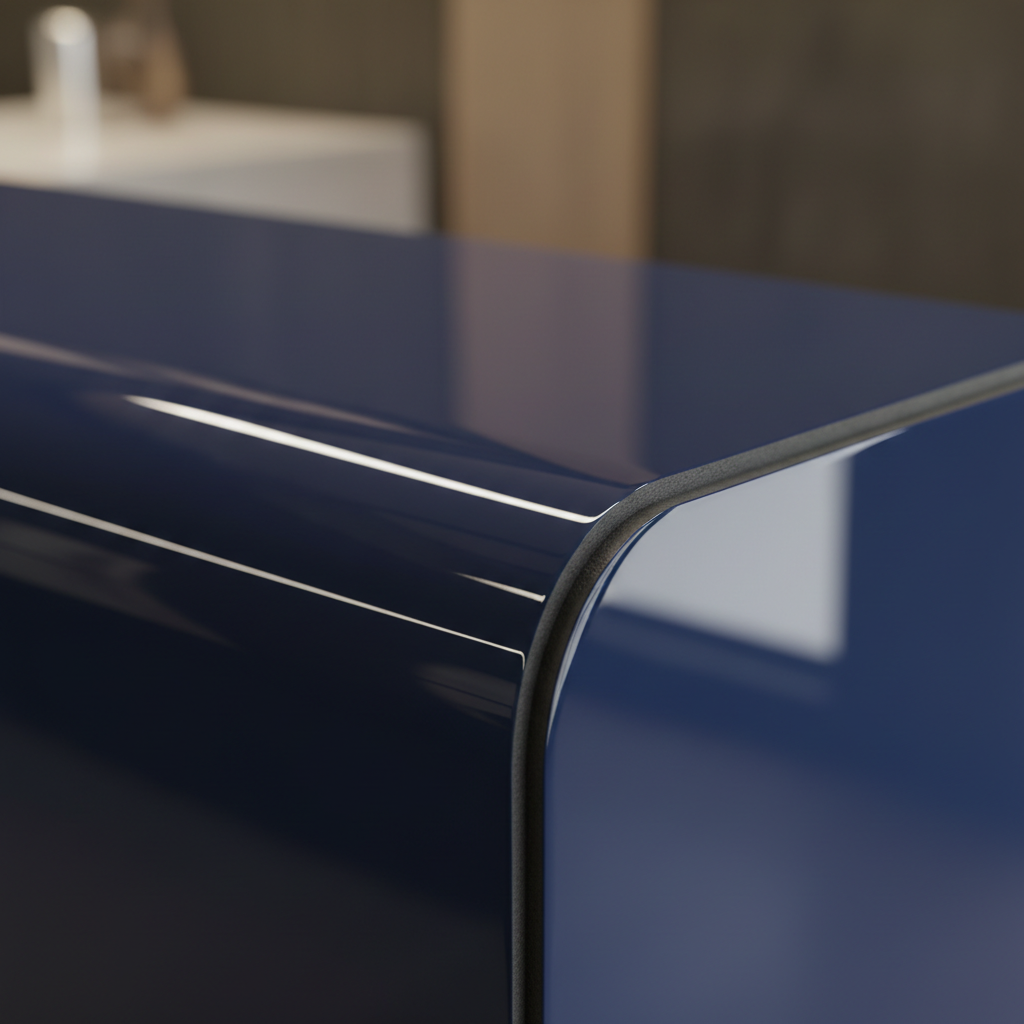 Close-up edge-on of midnight blue mirror lacquer wall panel showing gloss reflection streak and panel thickness