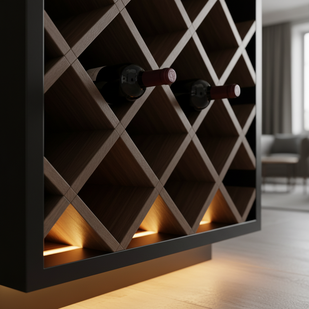 Close-up of diamond racking detail with smoked oak slats, black steel frame and warm LED glow