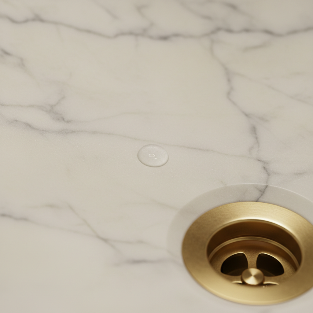 Close-up macro of honed marble basin interior showing vein pattern and brushed gold drain