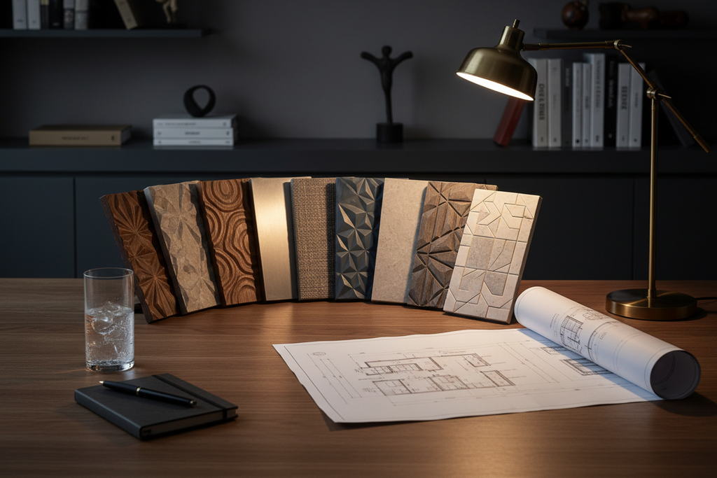 Luxury interior designer desk scene with 3D wall panel samples and architectural drawings