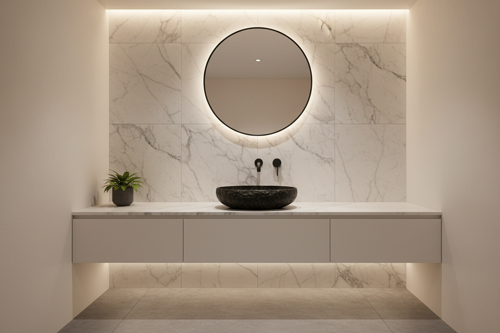 Absolute Black granite vessel basin on white oak vanity with matte black faucet and Carrara marble wall tile