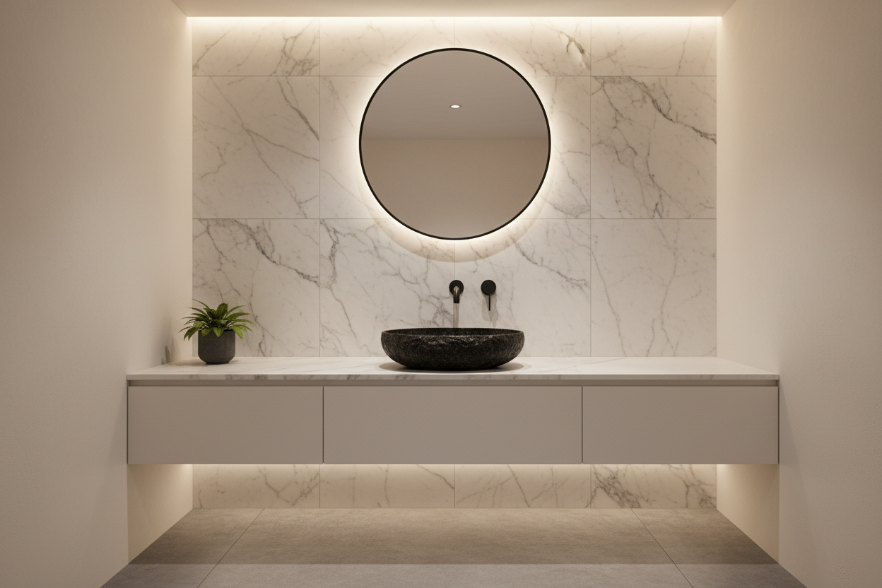 Absolute Black granite vessel basin on white oak vanity with matte black faucet and Carrara marble wall tile