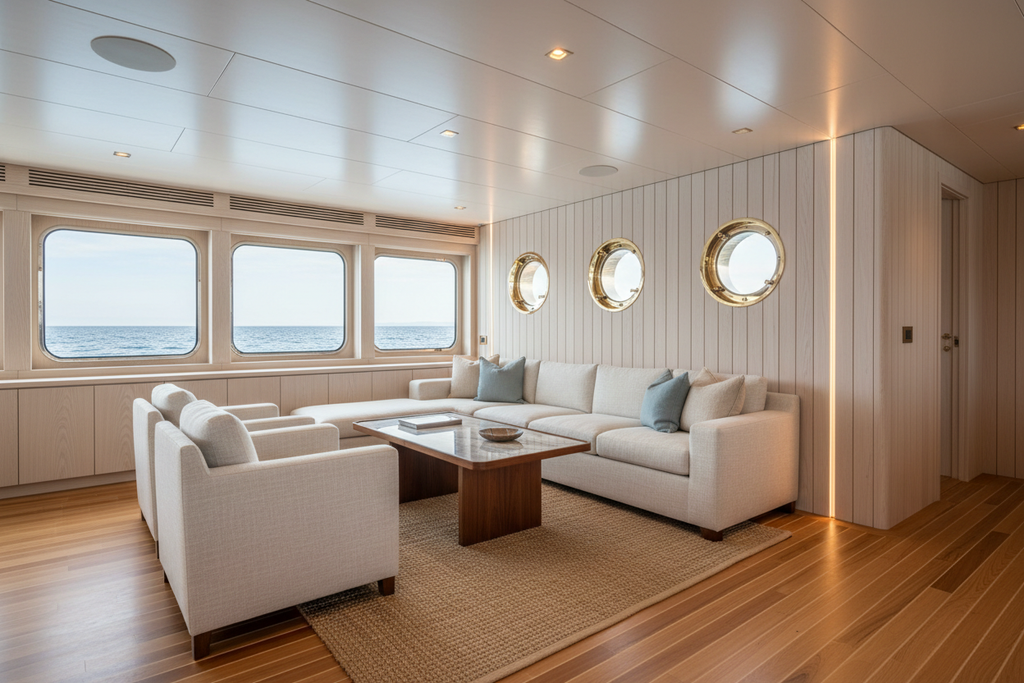 Superyacht saloon interior with vertical solid oak tongue-and-groove paneling, teak flooring and white linen upholstery