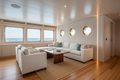 Superyacht saloon interior with vertical solid oak tongue-and-groove paneling, teak flooring and white linen upholstery