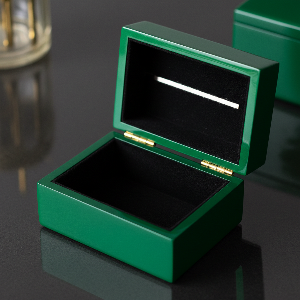 Hand-lacquered box open at 45 degrees showing black velvet interior and brass piano hinge