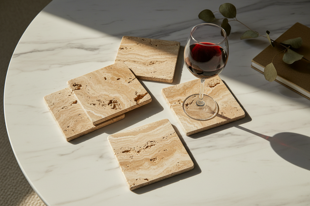 Four honed travertine coasters on white marble coffee table with glass of red wine in afternoon light