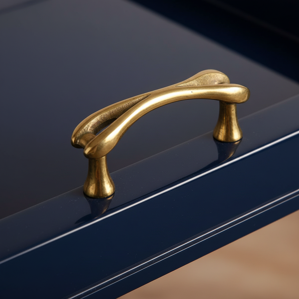 Close-up of cast brass handle on navy blue lacquered tray with studio light reflection streak